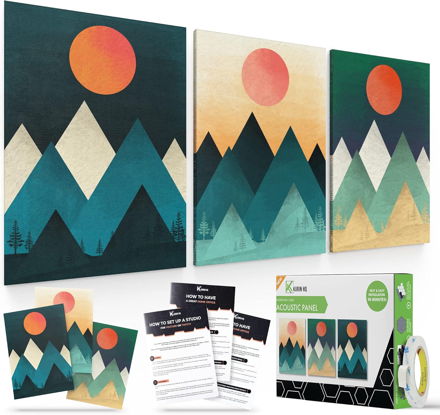 Acoustic Wall Art - Sun & Mountain Art Panel | 3 Premium Sound Blocking Panels with 3M Tape | Sound Absorbing Panel Art for Home & Office | Nature Art Wall Panels