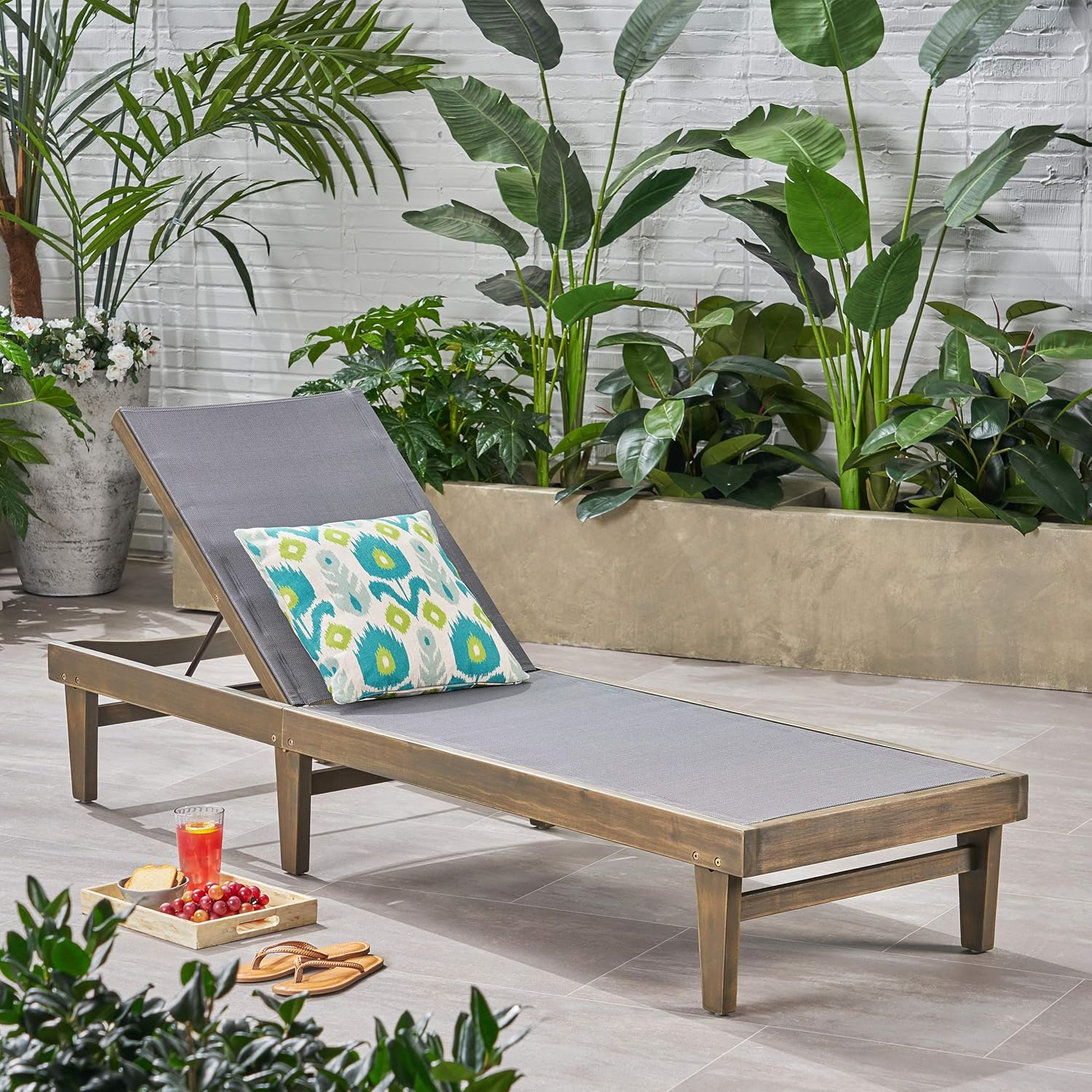 Christopher Knight Home Summerland Outdoor Mesh Chaise Lounge with Acacia Wood Frame, Grey Finish / Dark Grey Mesh
