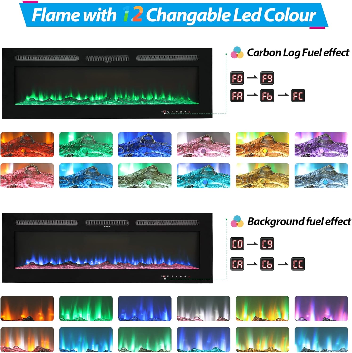 DecExpert 50 inch Electric Fireplace Recessed, 12 Flame Settings, Log Set or Crystal Options, Wall Mounted and Built-in, Control by LED Touch Panel & Remote,750/ 1500 W,CETL Approved, Black