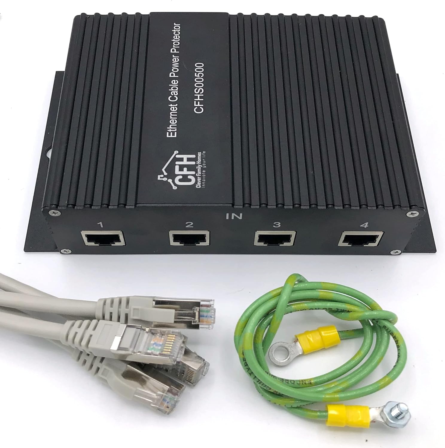 Ethernet 4-Port Gigabit (Non-POE) Surge Protector Kit with 4 CAT 6a Jumper Cables and Ground Wire Pack of 2