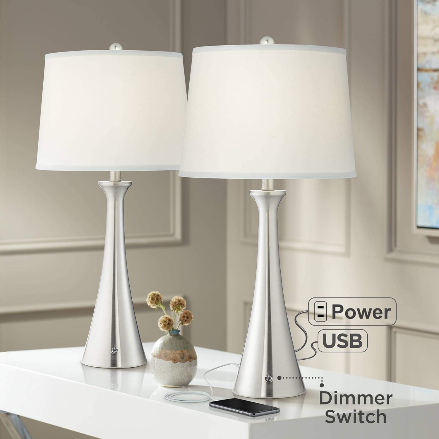 Karl Modern Comtemporary Table Lamps Set of 2 with USB and AC Power Outlet in Base Full Range Dimmer Brushed Nickel White Drum Shades for Living Room Bedroom House Home Office - 360 Lighting