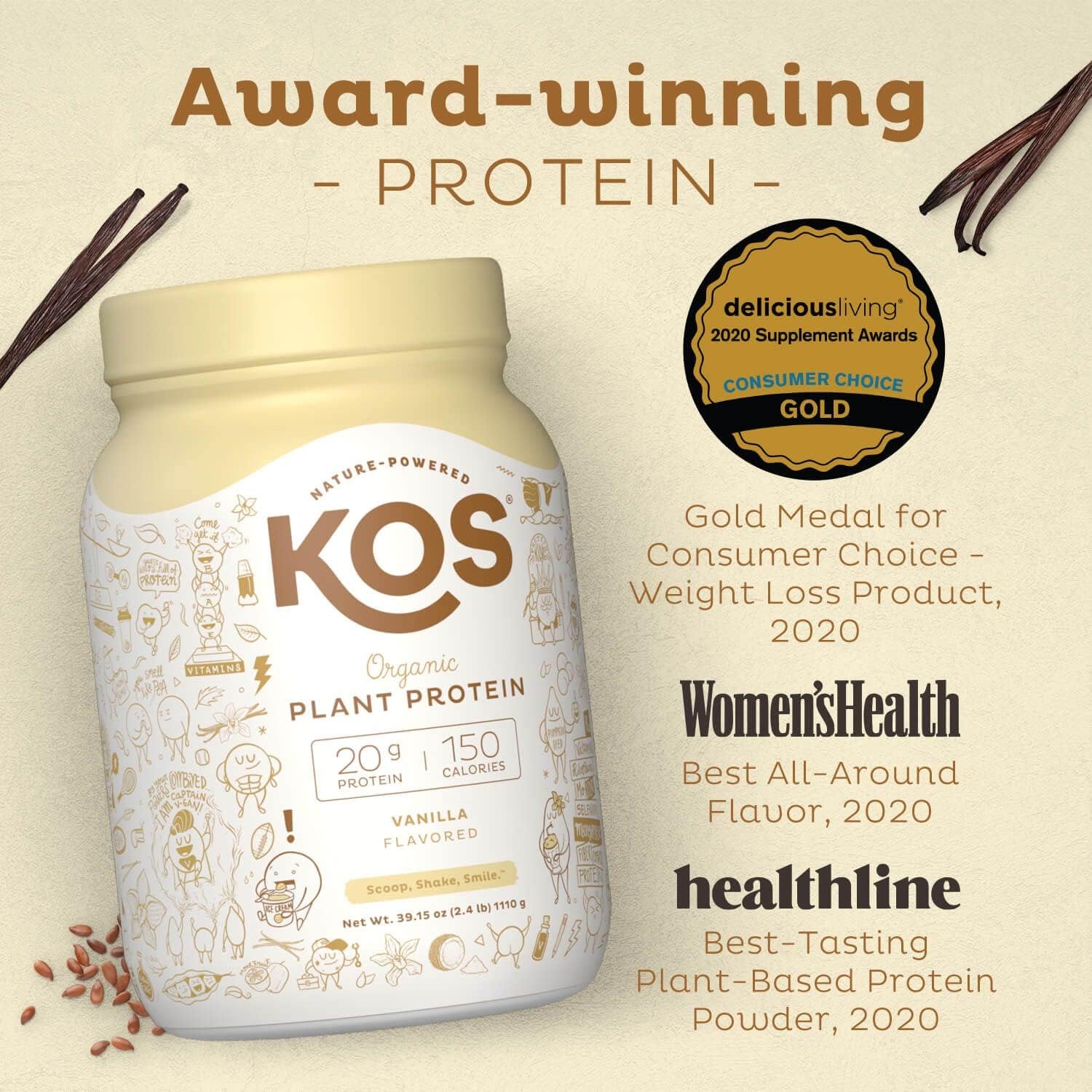 KOS Organic Plant Based Protein Powder, Vanilla - Delicious Vegan Protein Powder - Keto Friendly, Gluten Free, Dairy Free and Soy Free - 2.4 Pounds, 30 Servings Pack of 2