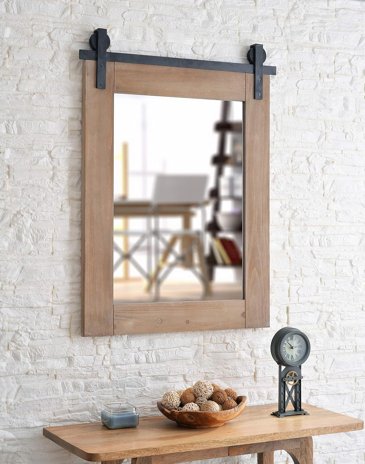 Kenroy Home Rustic Mirror w/ Wood Finish Frame and Black Metal Track ,40 Inch Height, 30 Inch Width, 1.5 Inch Ext. with Medium Wood Finish and Matte Black Metal