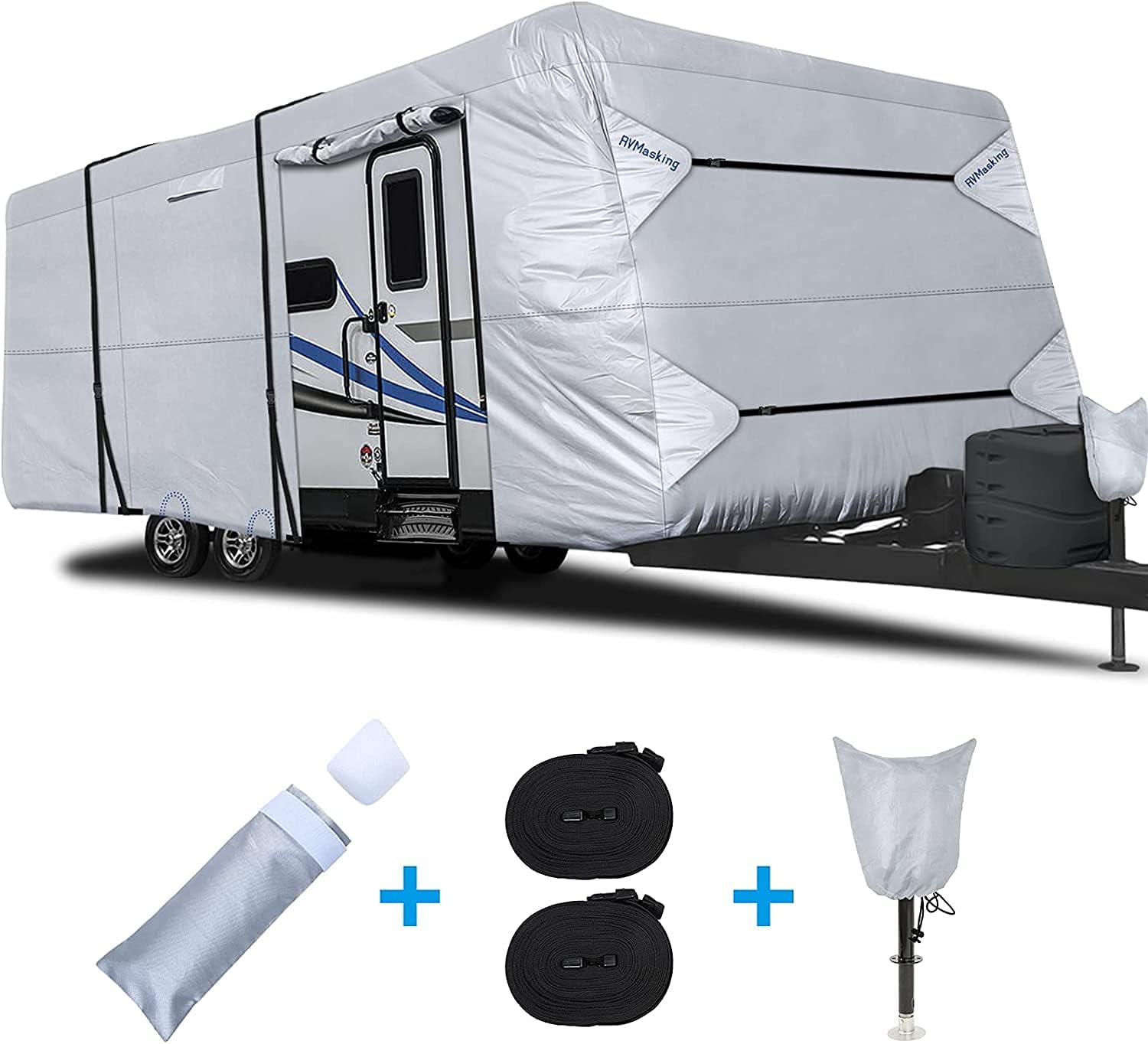 RVMasking 2021 Upgraded 150D Travel Trailer RV Cover Fits up to 15' RV, Ripstop Camper Cover with Tongue Jack Cover and Gutter Cover(Sponge Design)