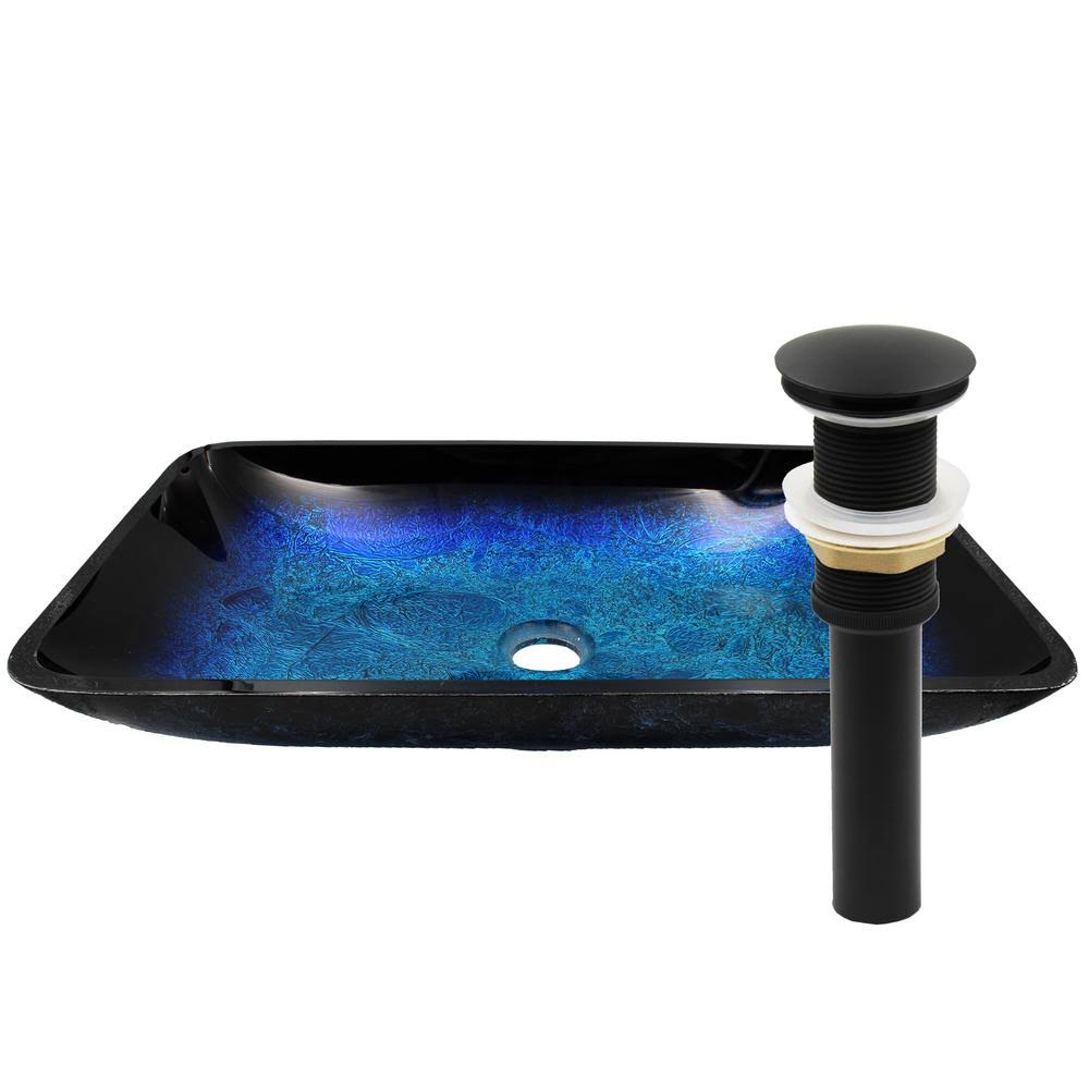 Novatto NOHP-G19034MB Blue Tempered Glass Hand Painted Rectangular Vessel Bathroom Sink Drain Finish: Matte Black