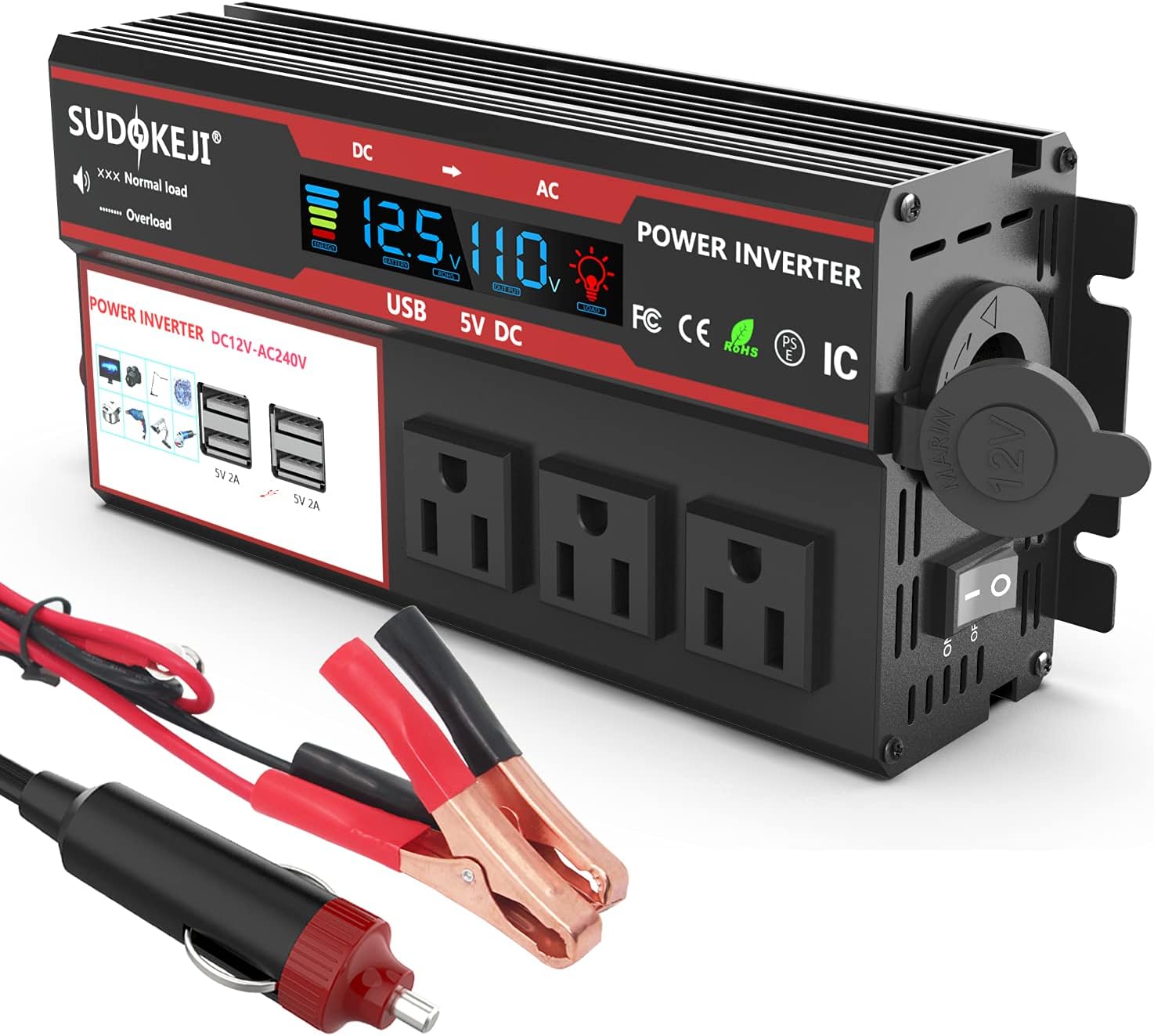 SUDOKEJI Power Inverter 1000W/2000W (Peak) DC 12V to AC 110V 120V Portable car Inverter, car Adapter with LCD Display 3 AC and 4X 2.4A USB Ports, Truck/RV Inverter 12V Car Cigarette Lighter Pack of 2