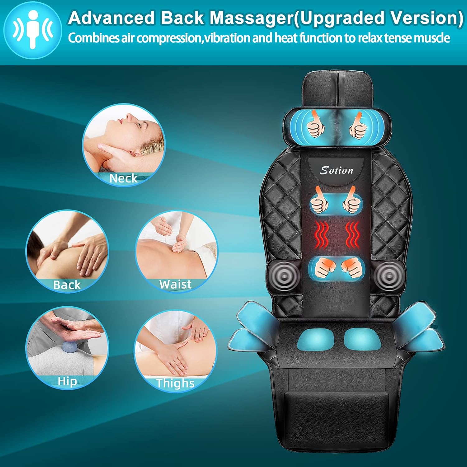 Sotion Back Massager with Compress & Heat, Vibrating Massage Chair Pad for Home or Office Use ,Height Adjustable Massage Seat Helps Relieve Stress and Fatigue for Neck, Back, Waist and Hips