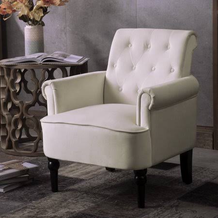 Accent Chair Armchair for Bedroom,Living Room or Office,Elegant Button Tufted Roll Arm Design with Wooden Legs,Wingback,Off Whit