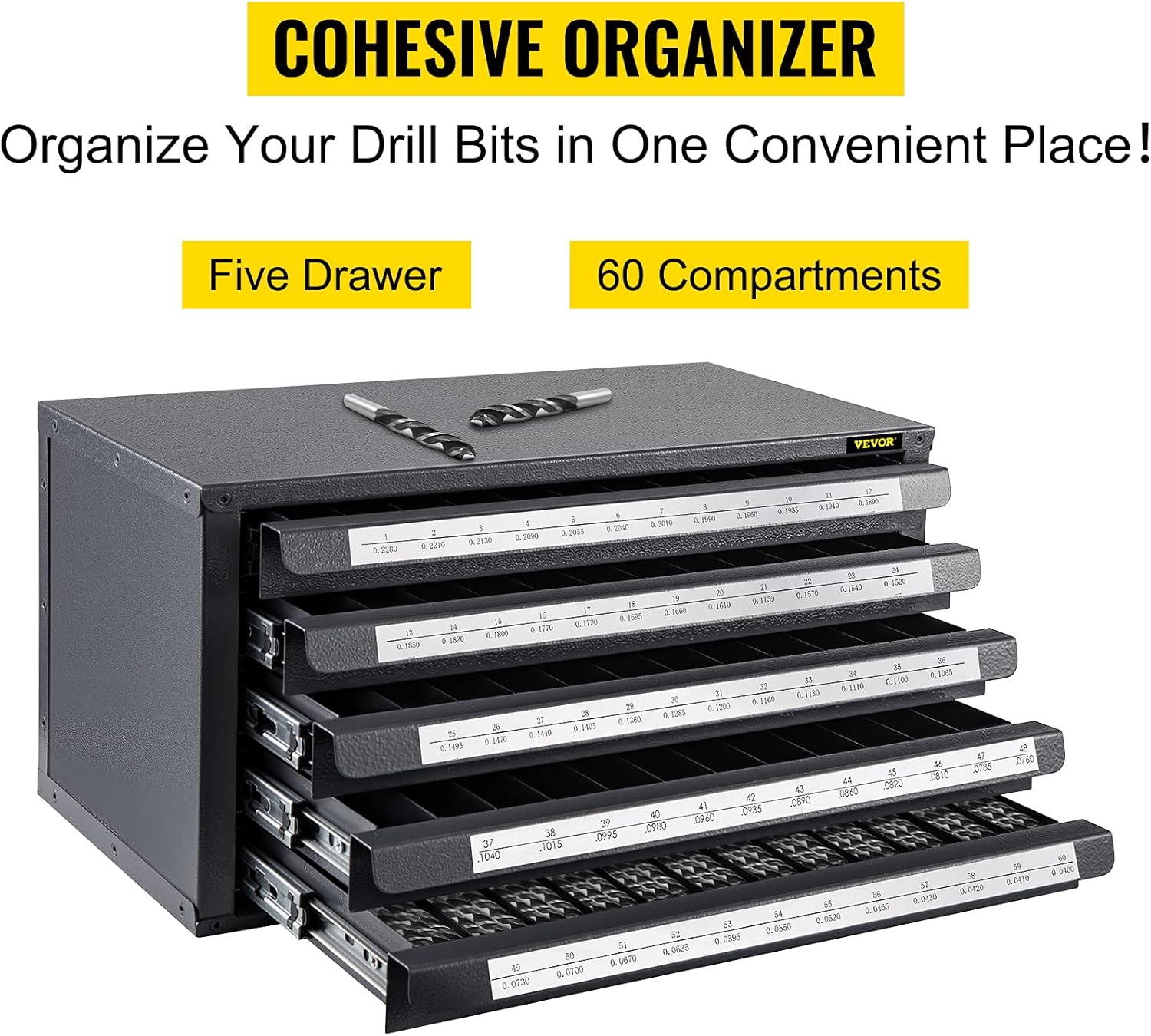 VEVOR Drill Bit Dispenser Cabinet, Five-Drawer Drill Bit Dispenser, 60-Compartment Drill Bit Organizer Cabinet, Drill Dispenser Organizer Cabinet Holder for Jobber Length Wire Gauge Sizes #1 to #60 Pack of 2