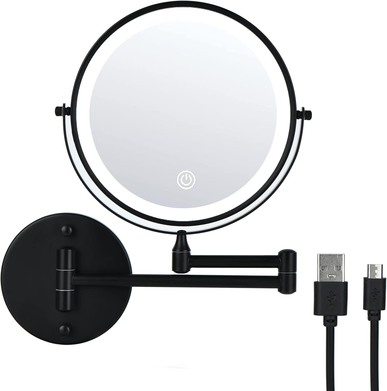 Wall Mounted Magnifying Mirror，8 inches Double Sided 10x Magnification Bathroom Mirror，with 3 Color Modes，Extended arm 360 Rotation Shaving Light up Mirror,Black USB Rechargeable Model