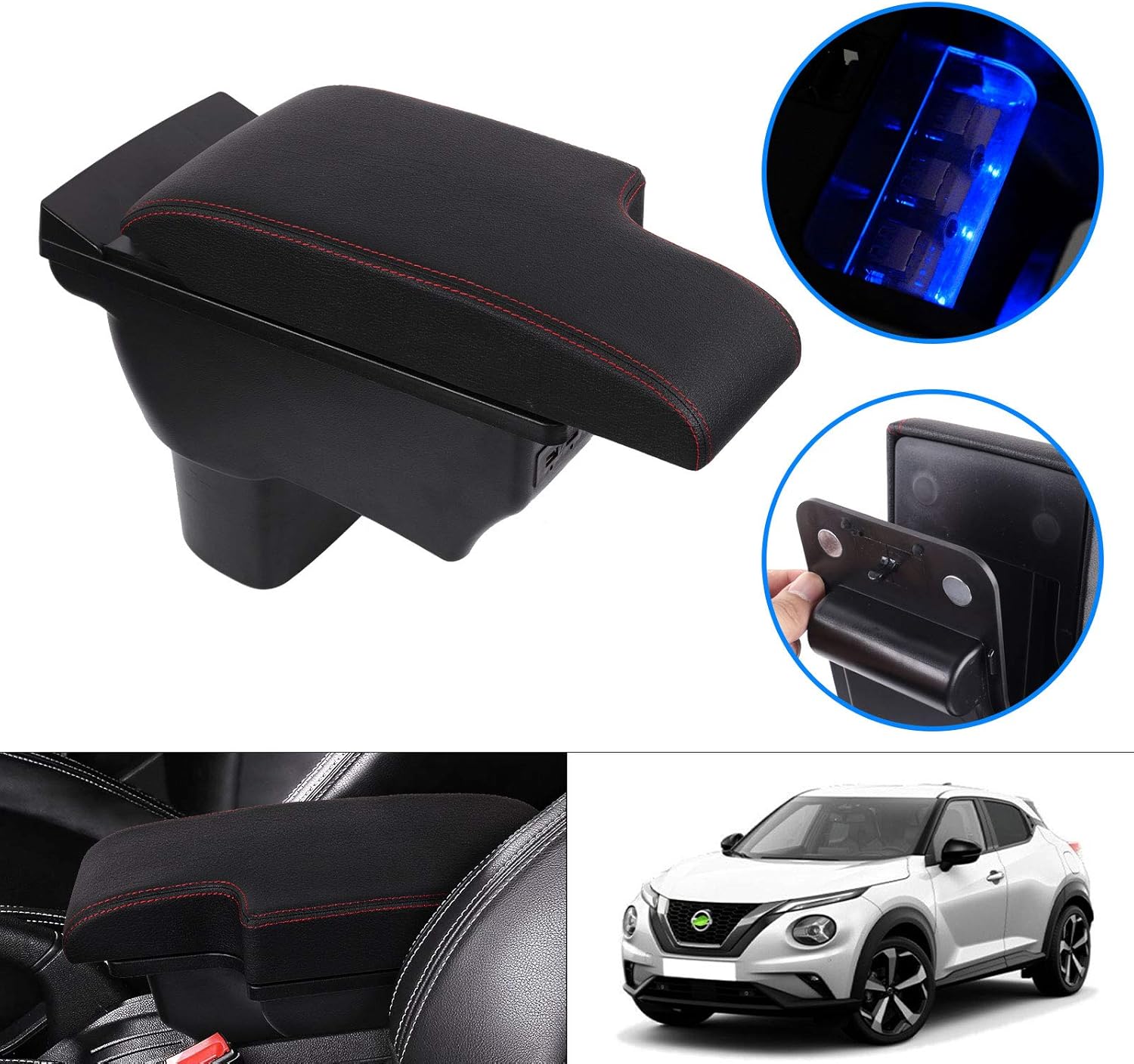 T TGBROS Car Armrest Box for 2011&ndash;2017 Nissan Juke Accessories Storage Center Console Double Layer Armrest Organizer Box 3 USB Port Black with Red