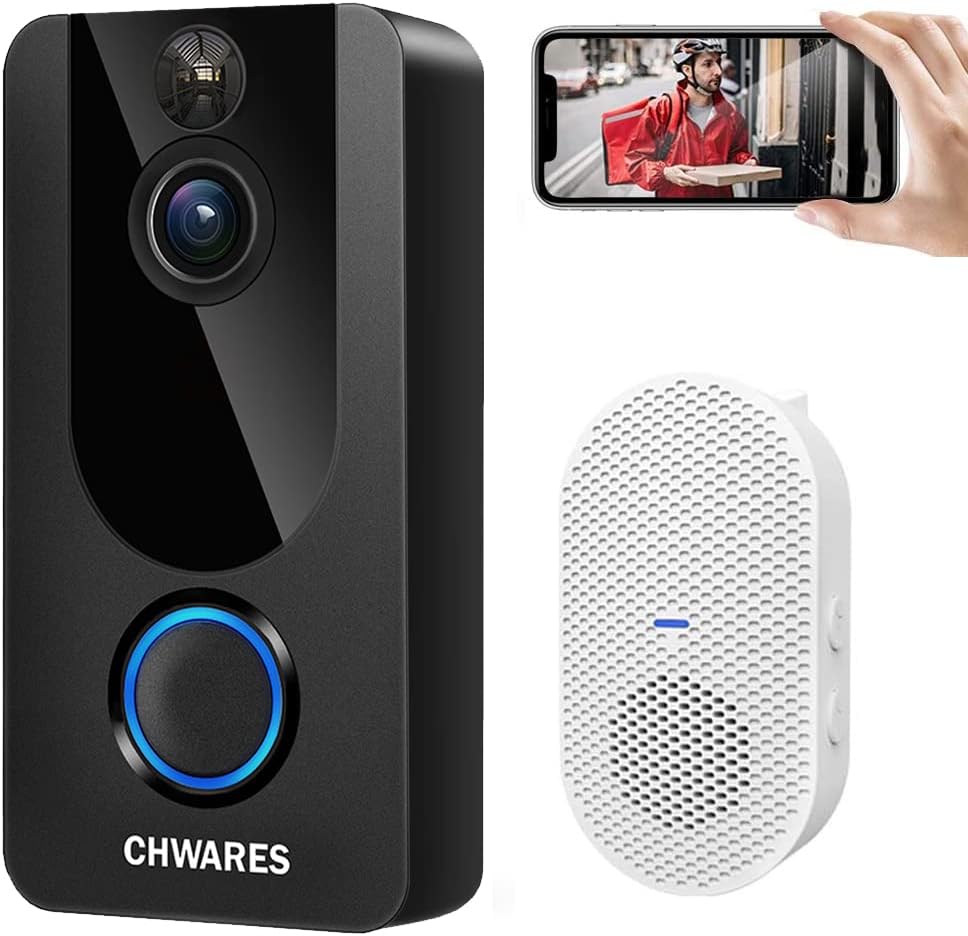 CHWARES Video Doorbell Camera with Chime, 1080p HD, Wireless WiFi, Motion Detection, 2-Way Audio, Night Vision, IP65 Waterproof, Battery Powered, Easy Installation, Free Cloud Storage Pack of 2