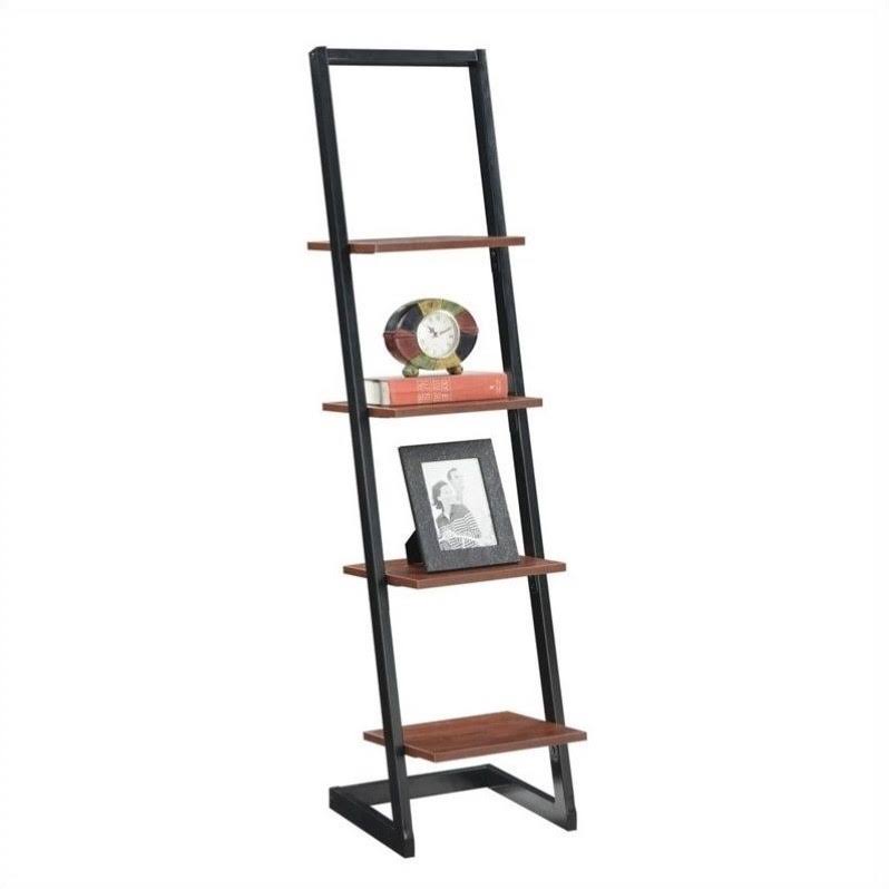 Pemberly Row Four-Tier Ladder Bookshelf in Black Metal and Cherry Wood