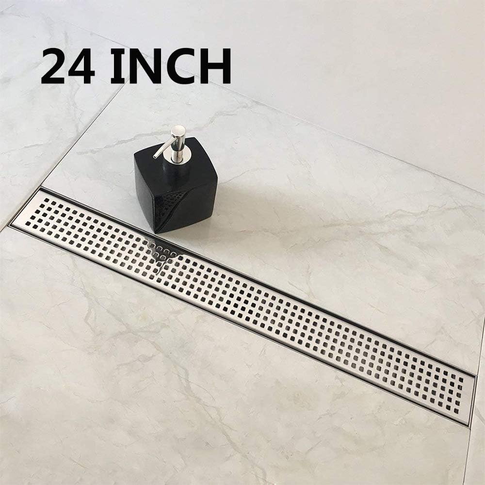 Neodrain 24-Inch Linear Shower Drain with Removable Quadrato Pattern Grate,Professional Polished 304 Stainless Steel Rectangle Shower Floor Drain Manufacturer,With Leveling Feet,Hair Strainer