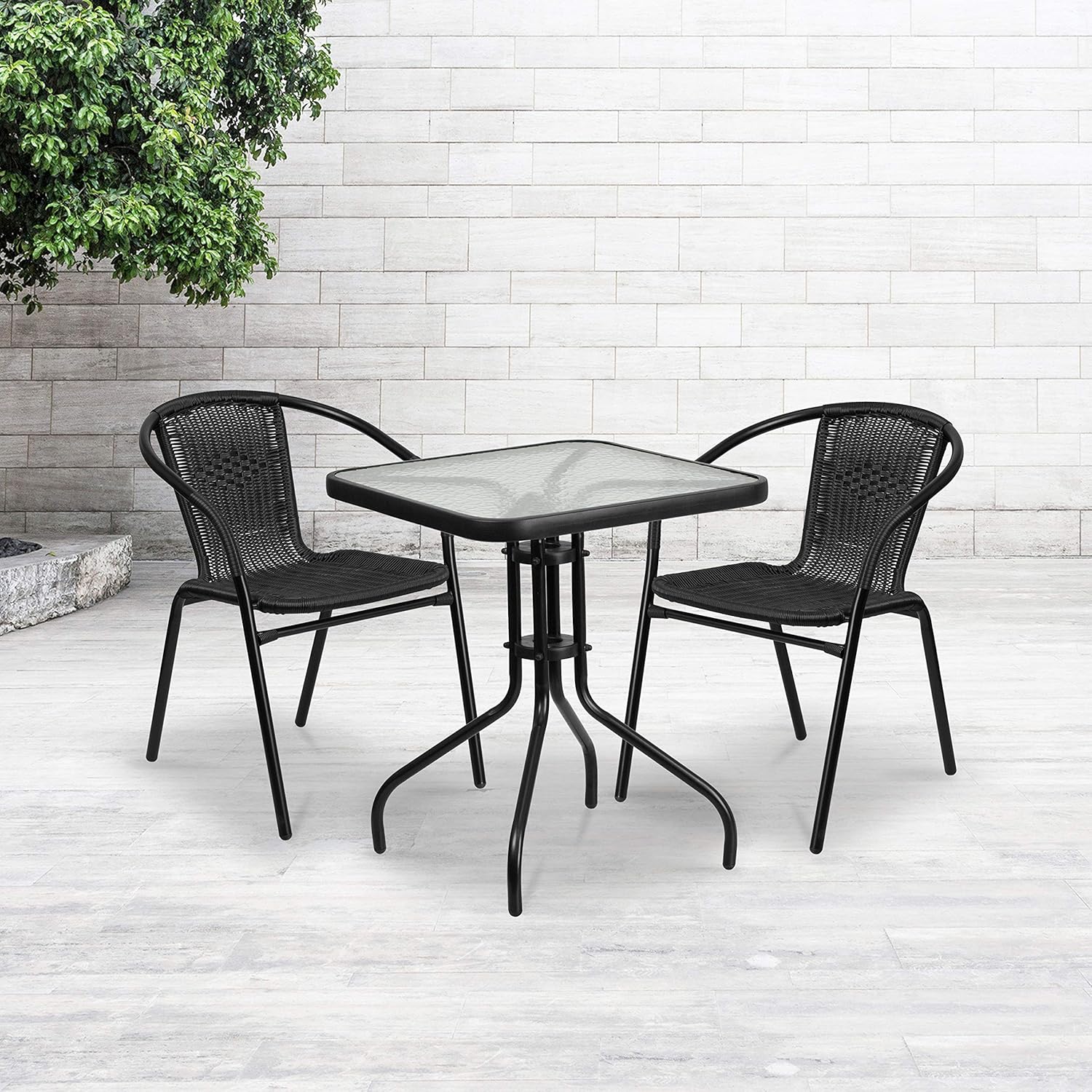Flash Furniture 23.5'' Square Glass Metal Table with 2 Black Rattan Stack Chairs
