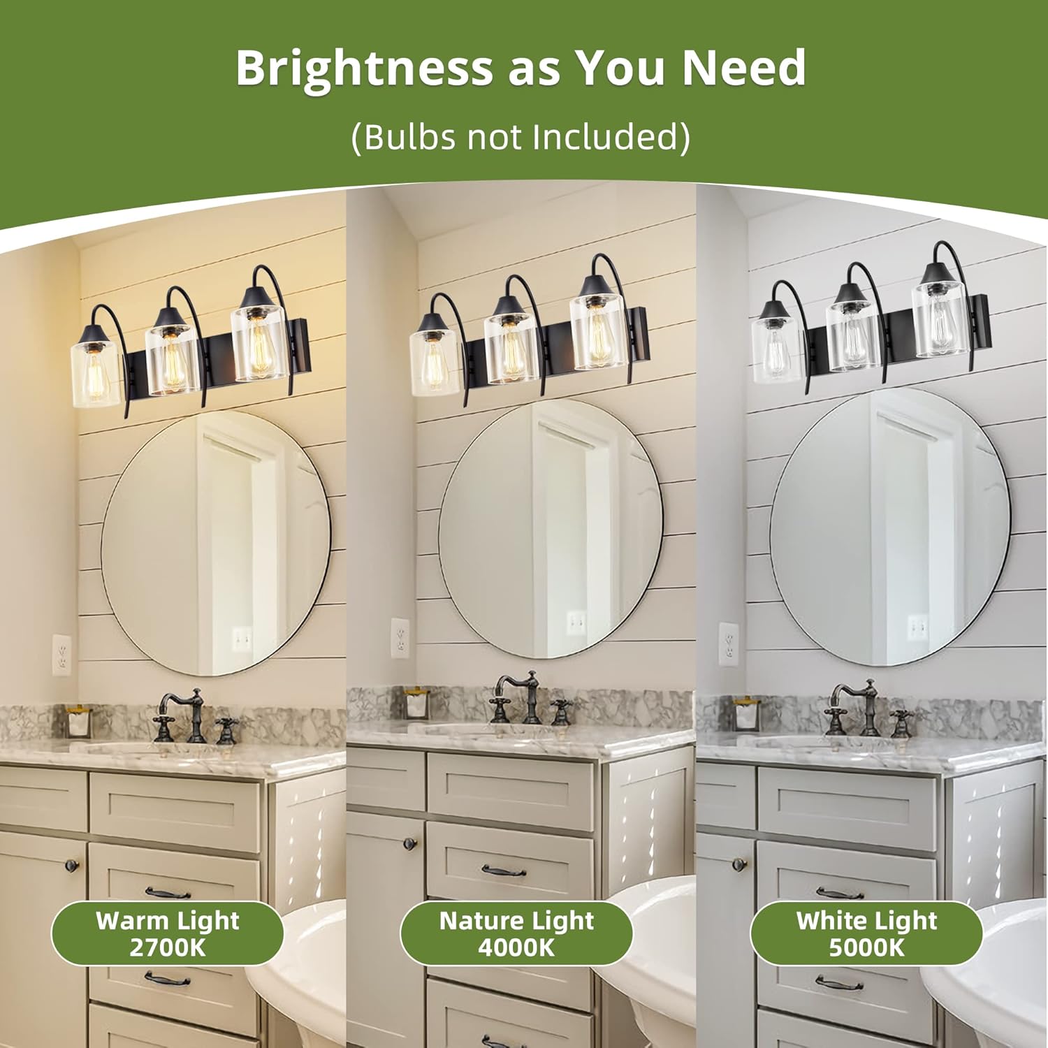 LEDIARY 3-Light Bathroom Vanity Light, Industrial Bathroom Light Fixtures with Clear Glass Shades, Matte Black Light Fixture for Mirror Cabinet, Bedroom, Hallway - E26 Base