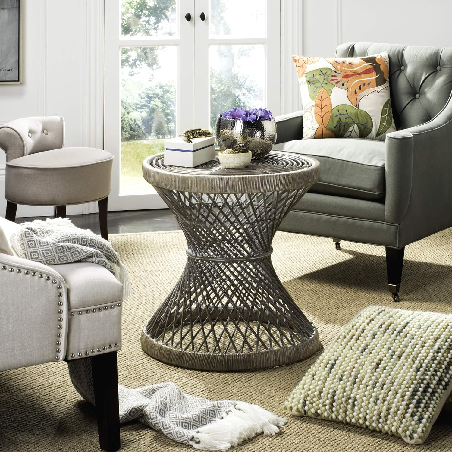 Safavieh Home Collection Grimson Grey Rattan Small Bowed Round Accent Table