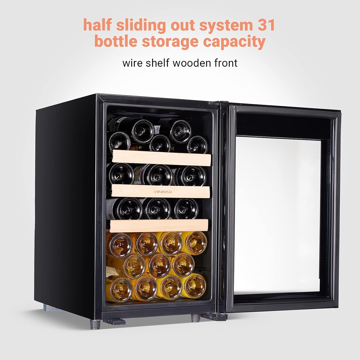 VINKKO Large Capacity Refrigerator Compressor Wine Cooler Freestanding Wine Cellar with Digital Temperature Control Panel and Tempered Glass Door Fridge (31Bottles-66L)