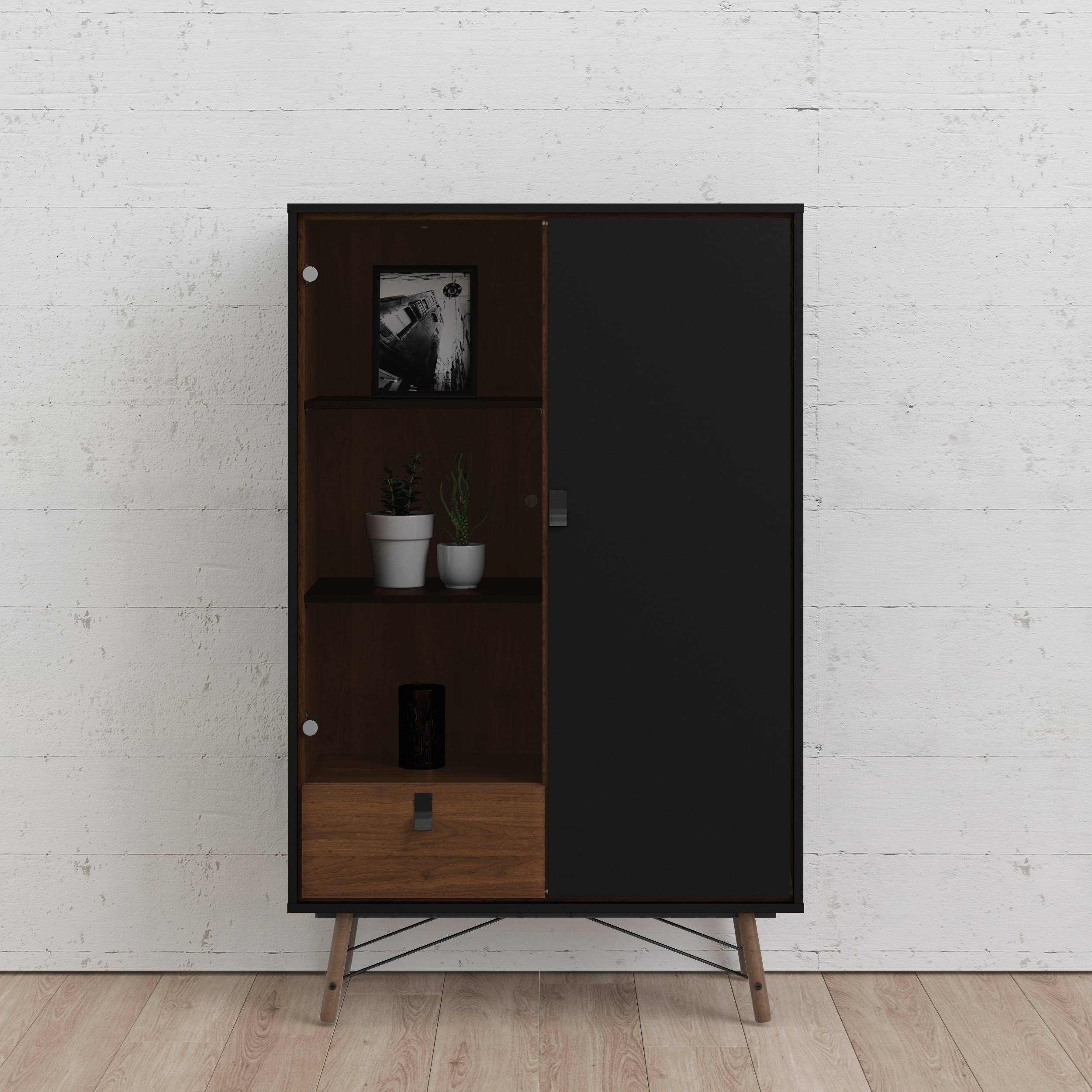 Tvilum Ry 1 Drawer China Cabinet with 1 Door u0026 1 Glass DOOR, Black Matte/Walnut