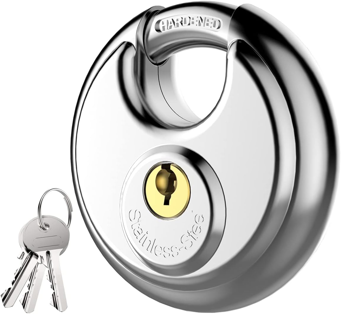 Puroma Keyed Padlock, Stainless Steel Discus Lock with 3/8-Inch Shackle for Sheds, Storage Unit, Garages and Fence Pack of 2
