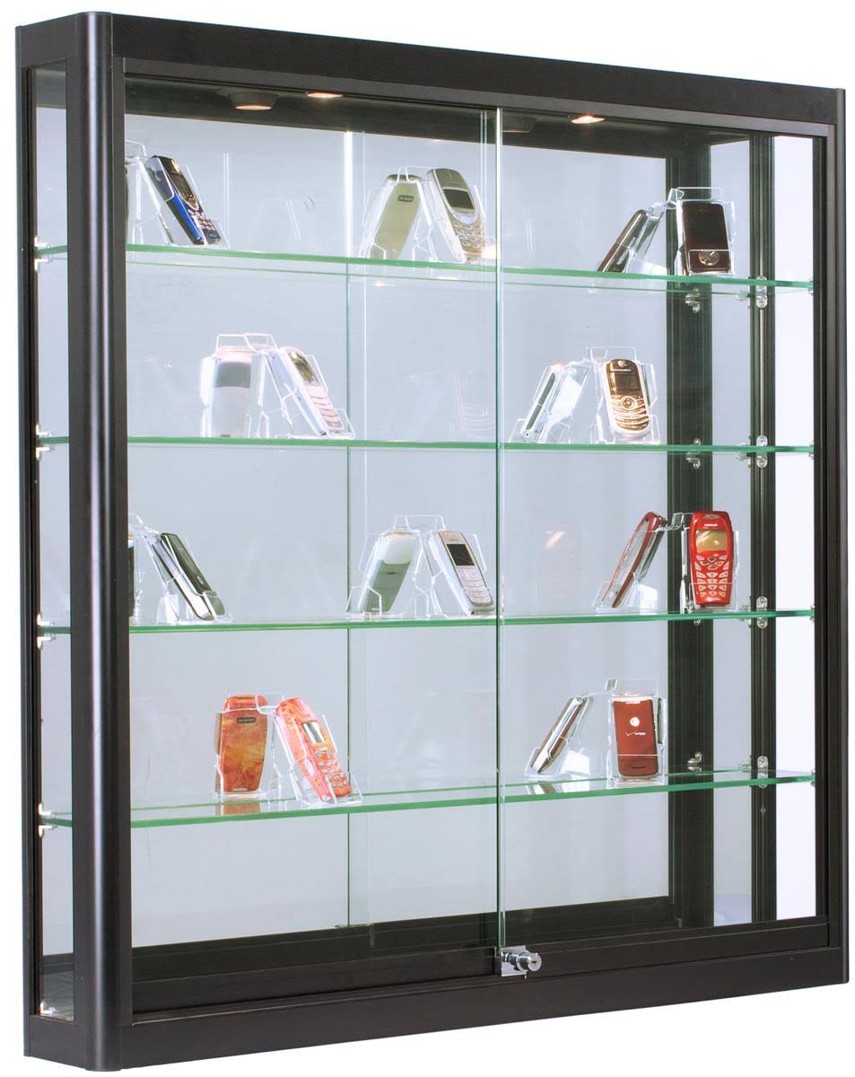 Displays2go Illuminated Showcase for Wall Mount, LED Top Lighting, 4 Tempered Glass Shelves Black (wc396ledb)