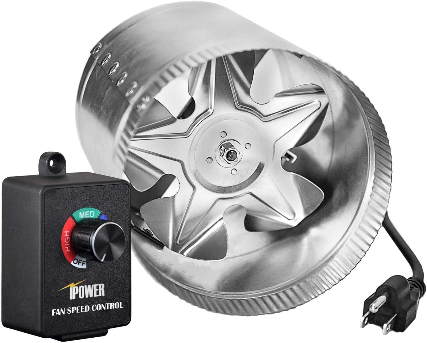 iPower 4 Inch 100 CFM Booster Fan Inline Duct Vent Blower with Variable Speed Controller Adjuster, Intake 5.5' Grounded Power Cord for HVAC Exhaust, Low Noise, Silver