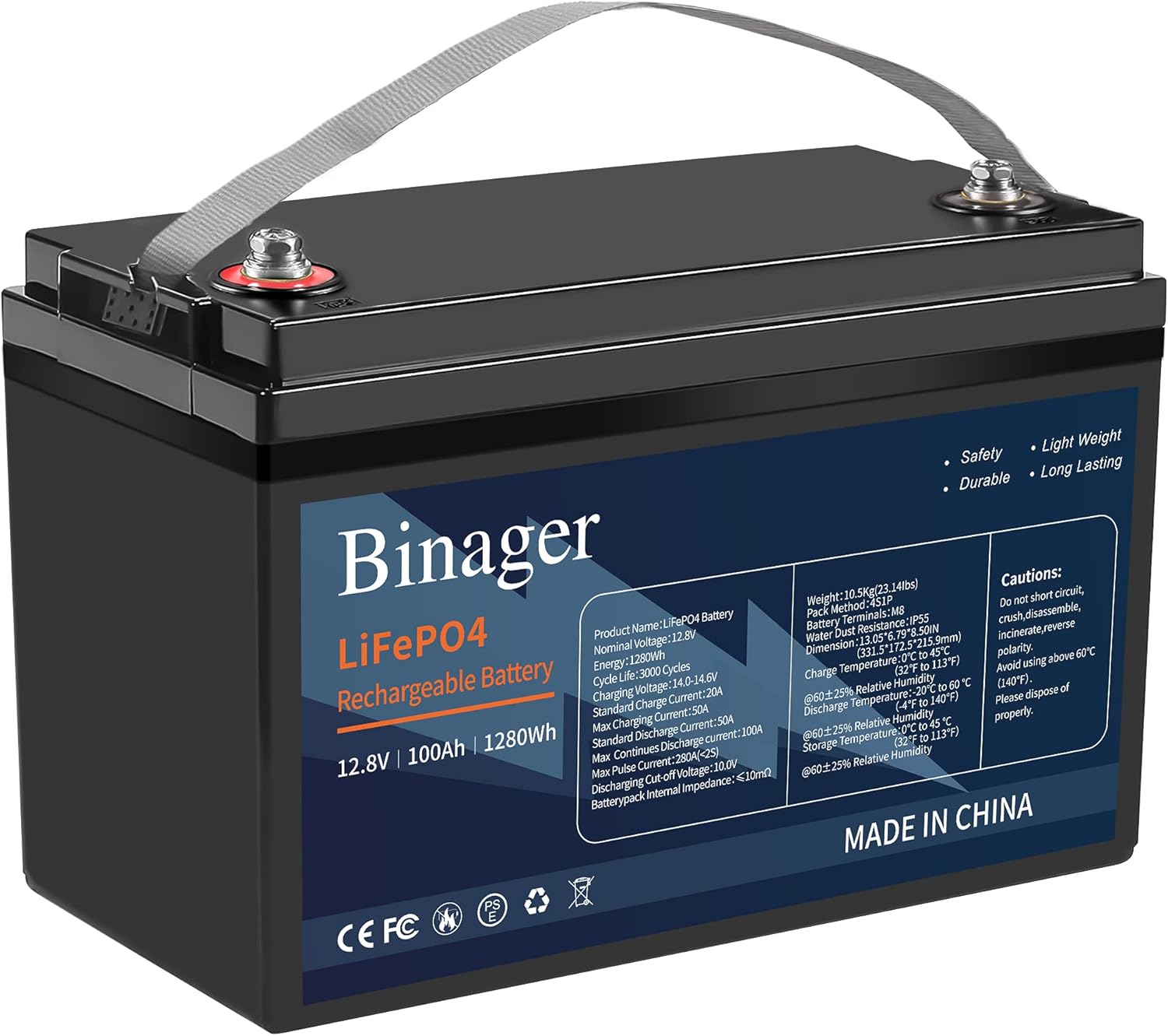 Binager 12V 100Ah Lithium Battery, Lifepo4 Deep Cycle Battery, Lithium Iron Phosphate Battery, Great for RVs, Camping, Solar Wind Systems, Outdoor Activities, Home Energy Storage-1280Wh