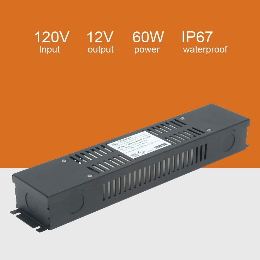 (UL Listed) 12V 60W LED Driver Dimmable LED Transformer 60 Watt LED Power Supply 12 Volt Triac Dimming 12V 5A Waterproof IP67
