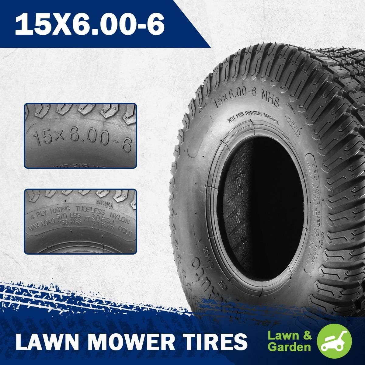 MaxAuto 2 Pcs 15x6.00-6 Front Lawn Mower Tire for Garden Tractor Riding Mover, 4PR Pack of 2