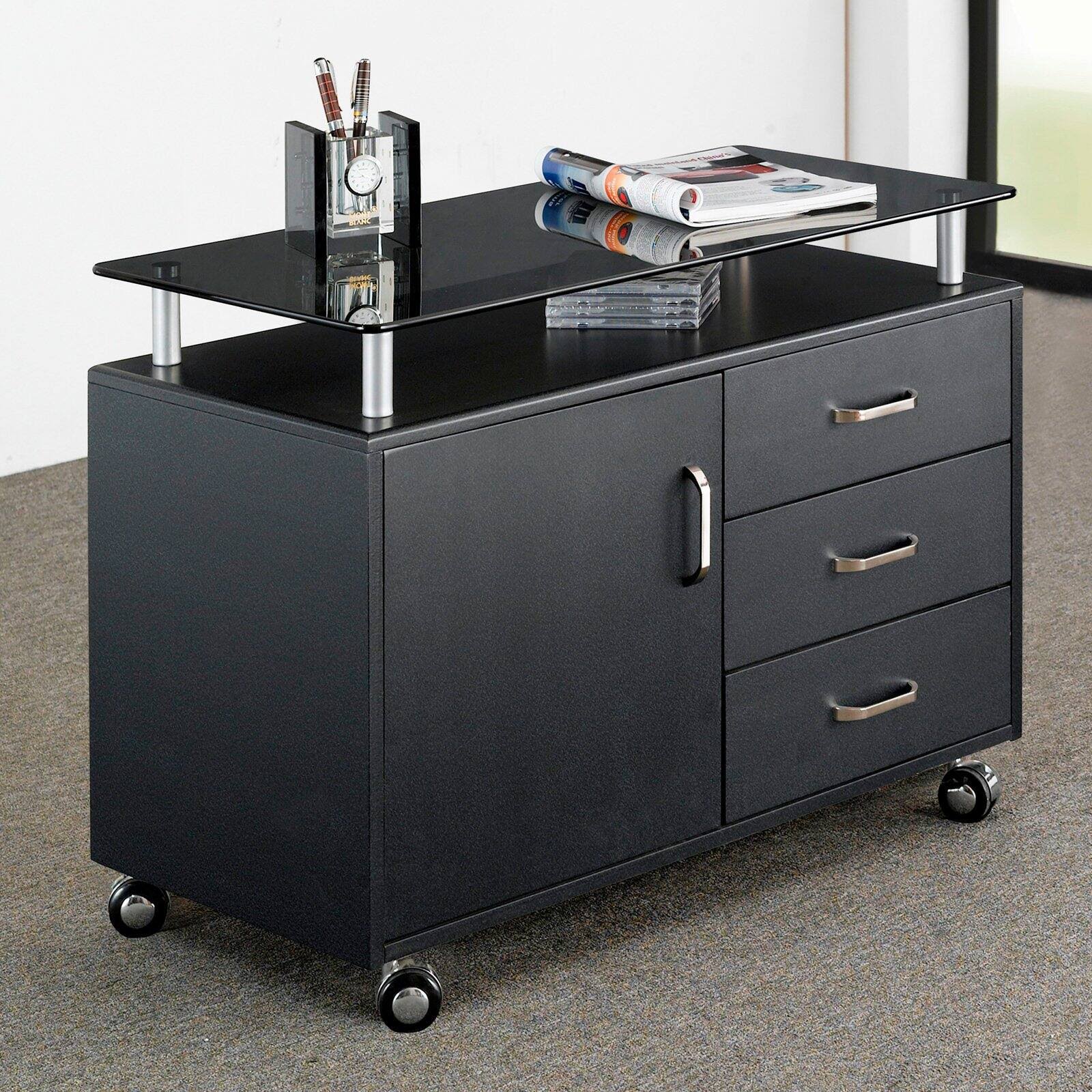 Techni Mobili Deluxe Rolling Glass Top Storage Cabinet Gray/Black/Chrome