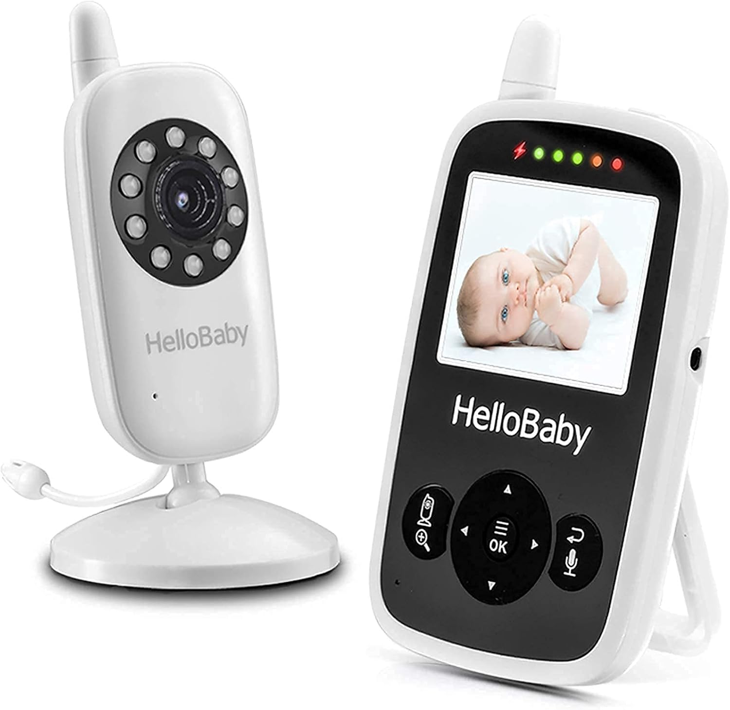 HelloBaby Video Baby Monitor with Camera and Audio - Infrared Night Vision | Two-Way Talk | Room Temperature | Lullabies | Long Range and High Capacity Battery Pack of 2