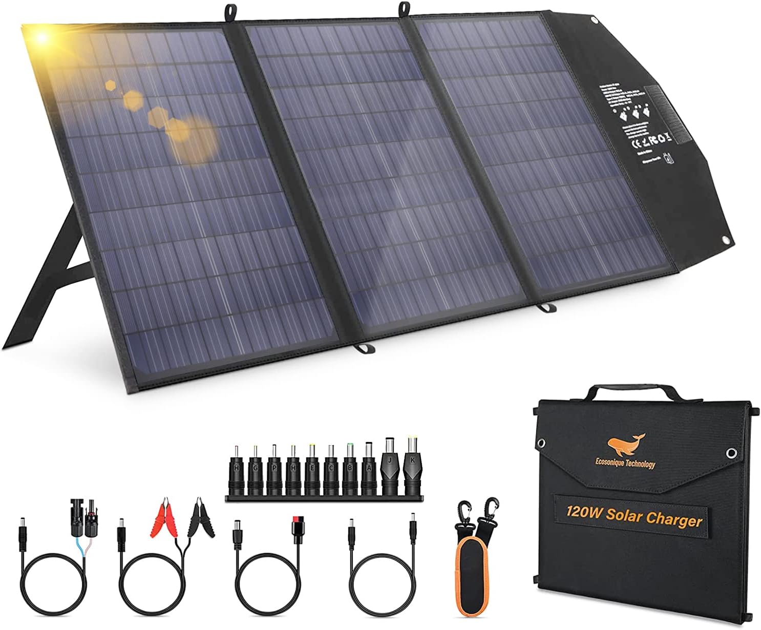 Ecosonique 120W Portable Solar Panel for Power Station, Foldable Solar Charger with Adjustable Kickstand for Jackery/ ECOFLOW/ Flashfish/ ROCKPALS, for RV Laptops Solar Generator Van Camping Off-Grid