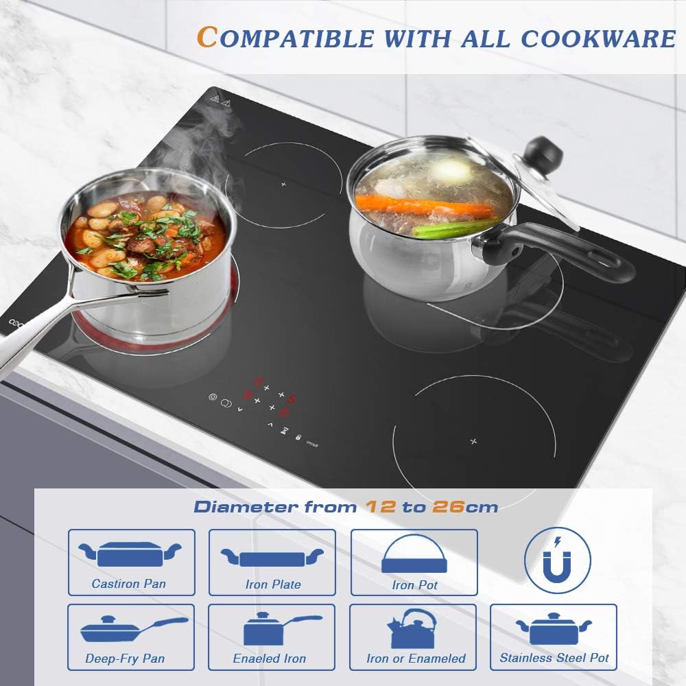 Electric Cooktop 30 Inch 4 Burners, Built-in Electric Stove Top, Smoothtop Hot Plate, 7200W, Black