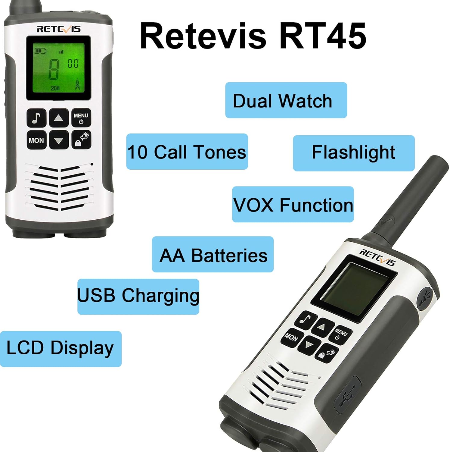 Retevis RT45 Walkie Talkies 10 Pack AA Rechargeable LCD Display, Two Way Radio Long Range,22 Channels Flashlight VOX,2 Way Radios for Adult, Business Retail School Hotel