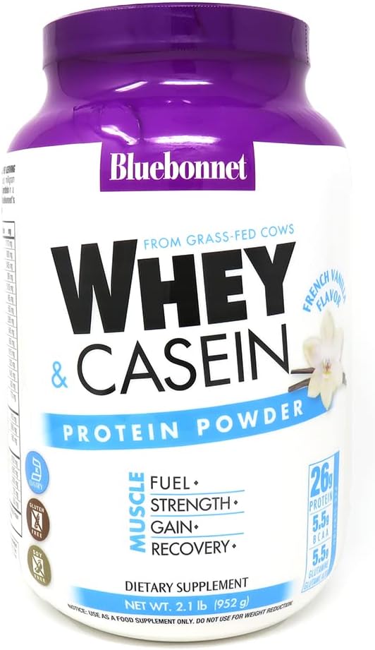 Bluebonnet Nutrition Dual-Action Protein Powder, Whey from Grass Fed Cows, 26 Grams of Protein, No Sugar Added, Non GMO, Gluten Free, Soy Free, Kosher Dairy, 2.1 lbs, 28 Serving, French Vanilla Flavor Pack of 2