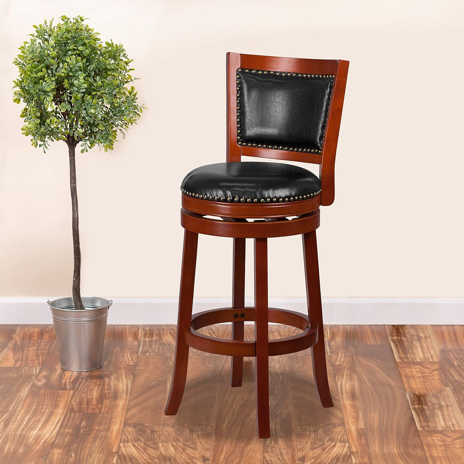 Flash Furniture 30'' High Dark Cherry Wood Barstool with Open Panel Back and Walnut LeatherSoft Swivel Seat