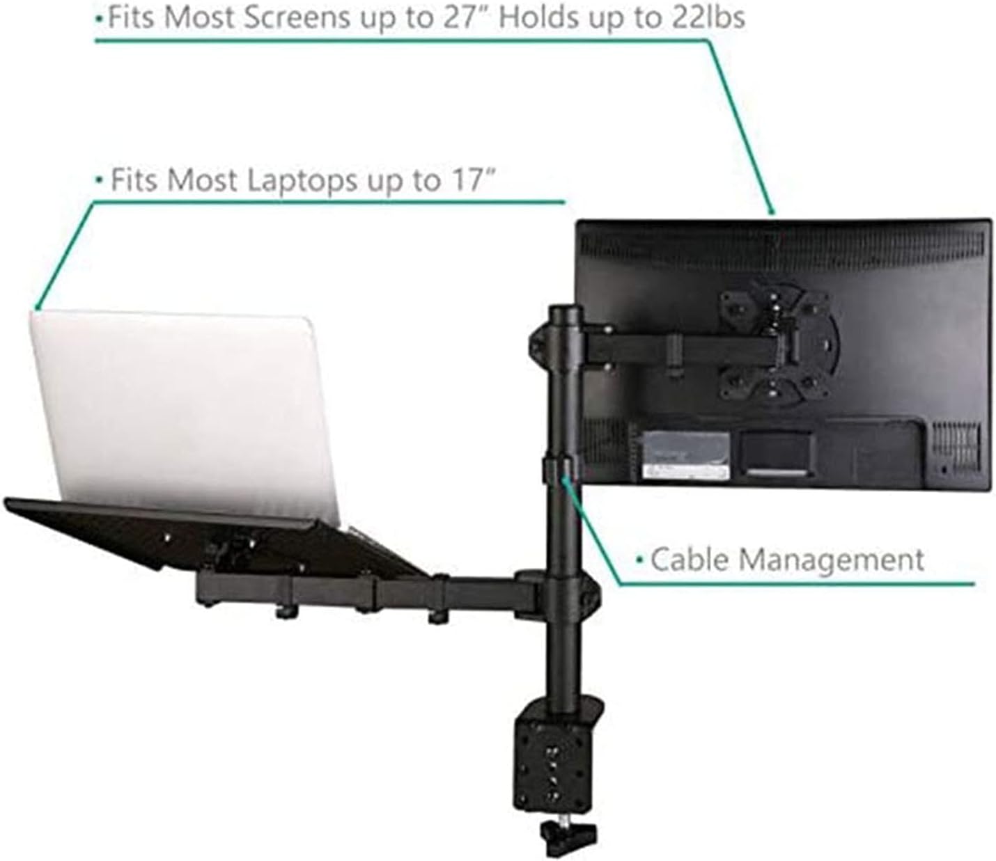 WALI Single LCD Monitor Desk Mount Fully Adjustable Stand with Extra Laptop Tray for 1 Laptop Notebook up to 17 inch and 1 Screen up to 27 inch, 22 lbs. Weight Capacity (M001LP), Black Pack of 2