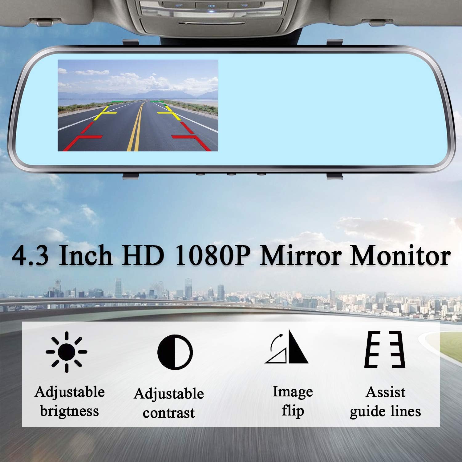 Backup Camera for Car 4.3'' Monitor License Plate Rear View Mirror Camera, HD 1080P Easy Installation System for Cars, Trucks, Minivans, SUVs, LED Lights Clear Night Vision - AMTIFO A1