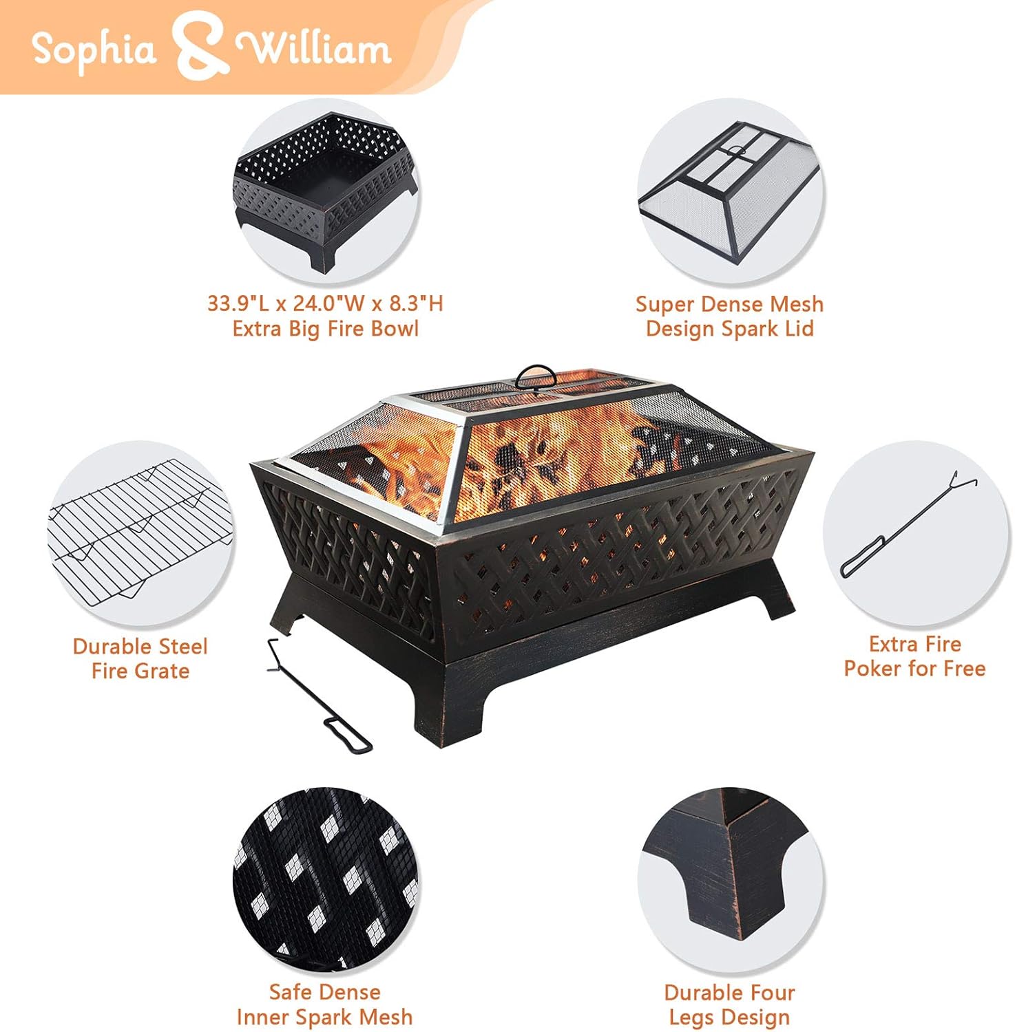 Sophia & William Outdoor Wood Burning Fire Pit Rectangle 33.9