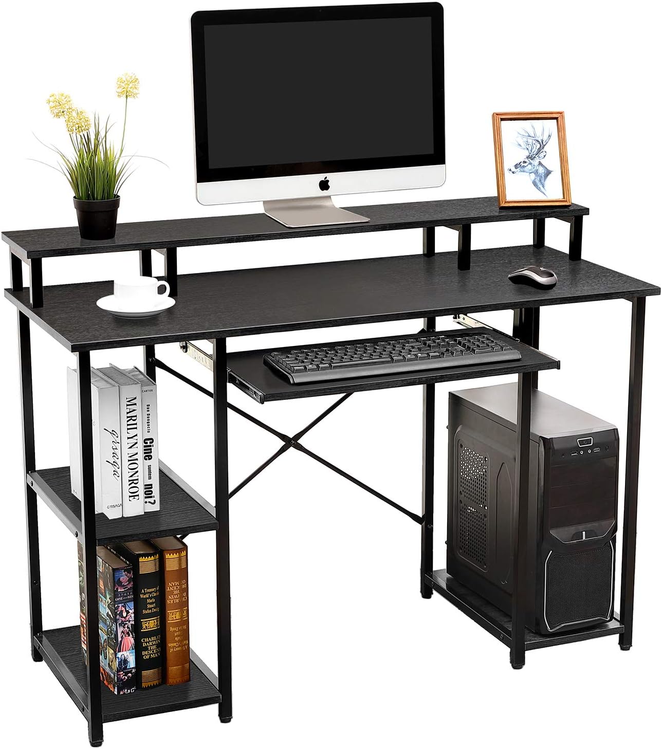 AIKA Computer Desk with Storage Shelves/Keyboard Tray/Monitor Stand Study Table for Home Office(Black)
