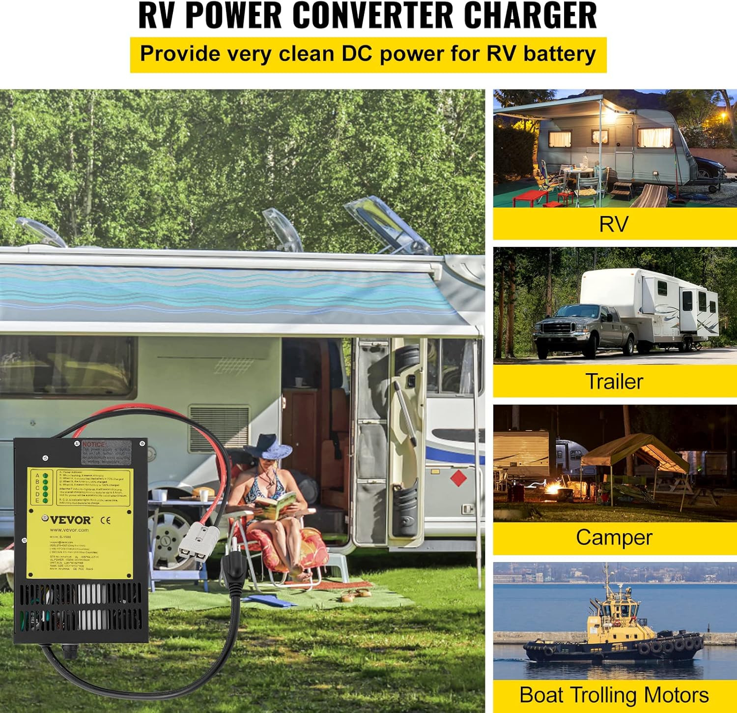 VEVOR RV Power Converter Charger, 110 Volt AC to 12 Volt DC, Power Supply Battery Converter Charger 1200W with 13-16V DC Adjustable Operating Range, Three-Stage Inverter, for RV Trailer Camper 75 Amp