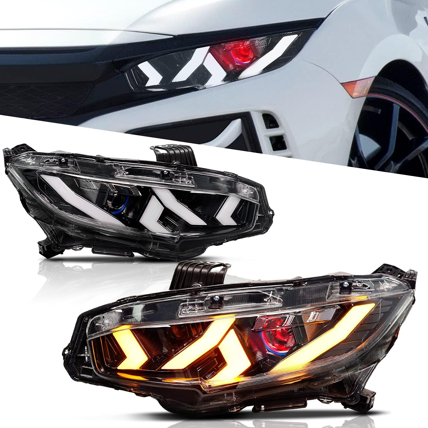 ARCHAIC Full LED Headlights Assembly for 10th Gen Honda Civic 2016-2020, Head Lamp with Sequential Turn Signal for Civic Sedan/Coupe/Hatchback, Headlight Assemblies for EX/LX/Sport/Touring/Si/Type R