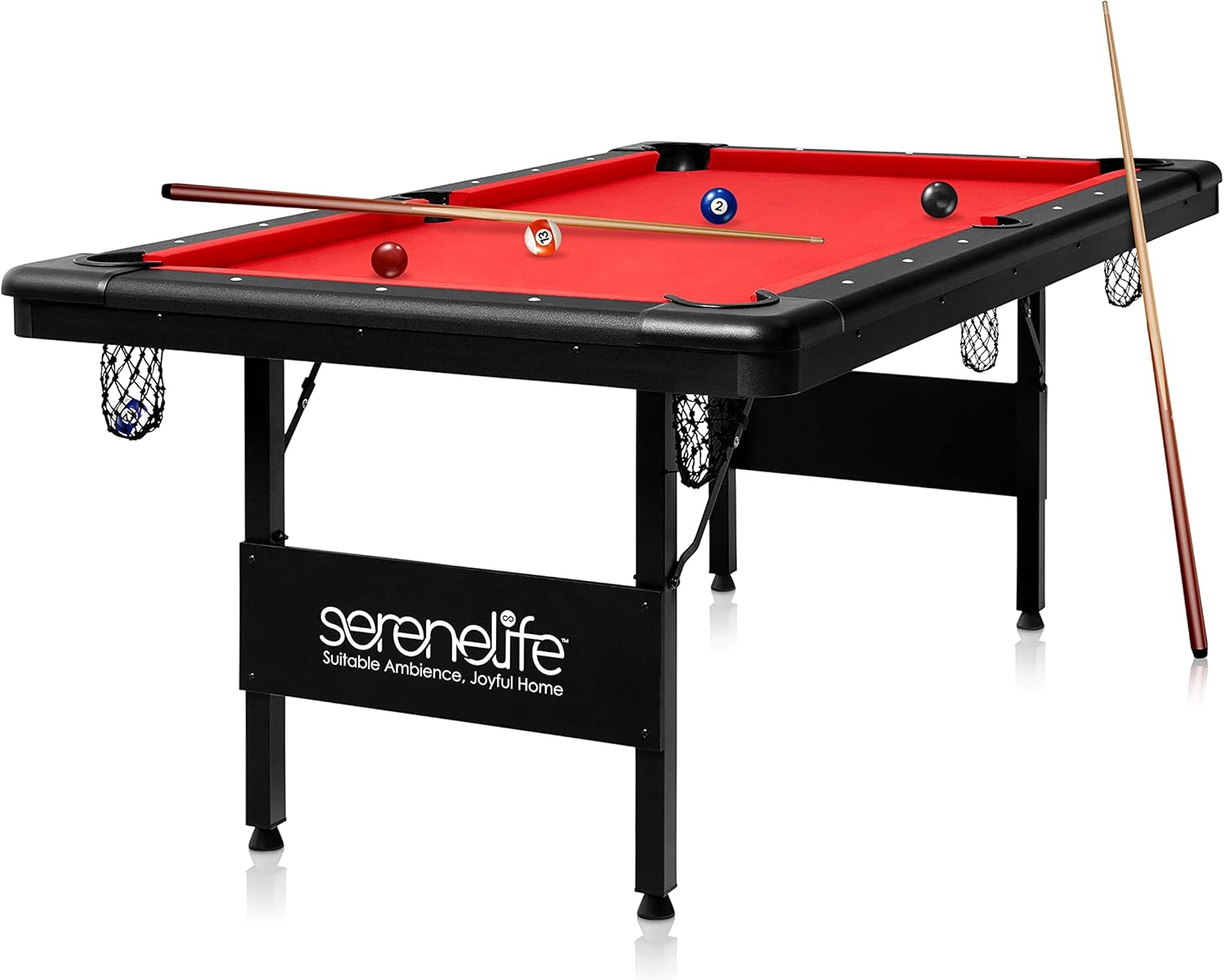 Portable 6 Ft. Pool Table - Compact Design with 18 Aiming Points, Low Friction Surface, Space Saving, Adjustable Feet, Locking Leg Safety, and Complete Accessory Kit - SereneLife SLPO730 , Red