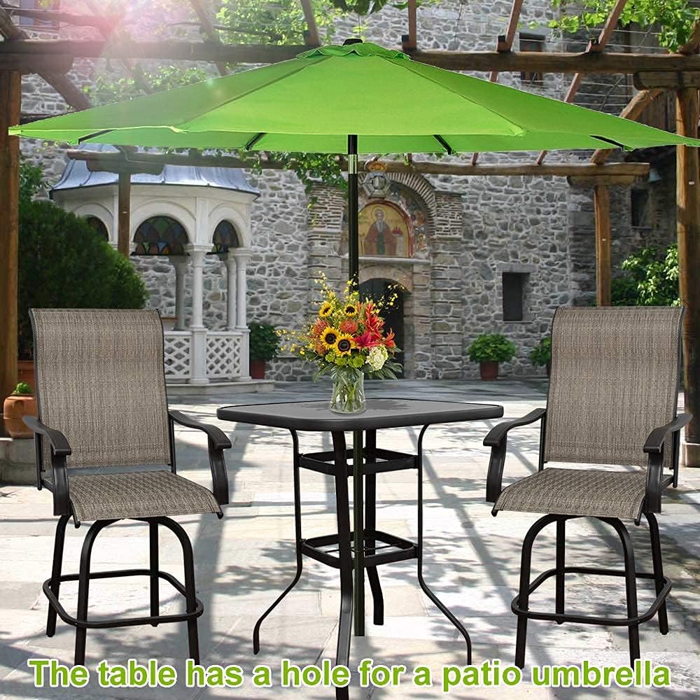 Go Light 3 PCS Outdoor Patio Bar Stools Set,360 Degree Swivel Bistro Chair Set,2 Height Swivel Chairs & 1 High Bistro Table w/Umbrella Hole,All-Weather Textilene Terrace Balcony Stools
