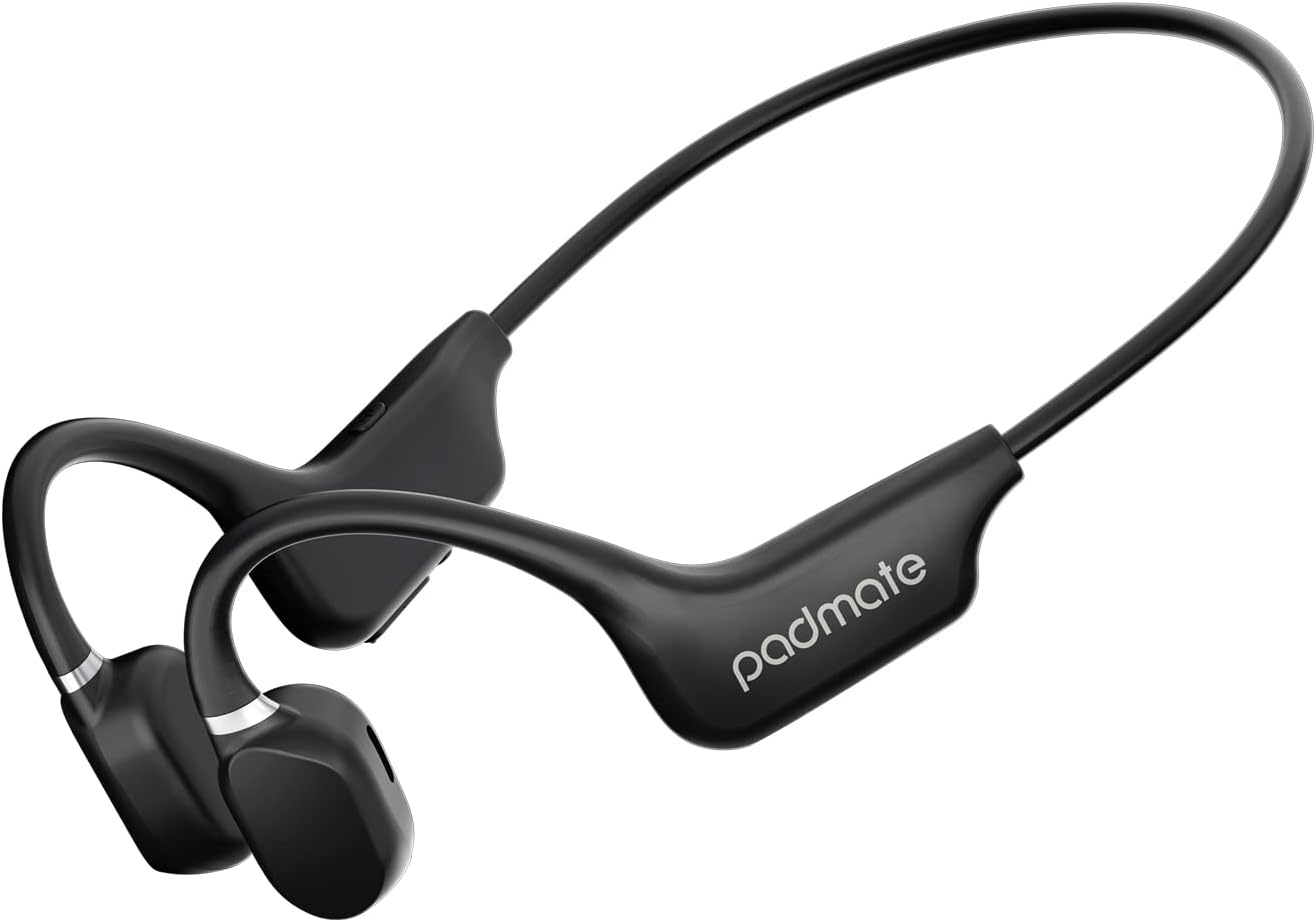 Padmate Open-Ear Air Conduction Headphones Bluetooth Wireless Earbuds with Mic, Sport Headset Bluetooth 5.0 Wireless Earphones for Workouts, Foldable/Lightweight/8Hr Playtime/IP67 Waterproof (Black)