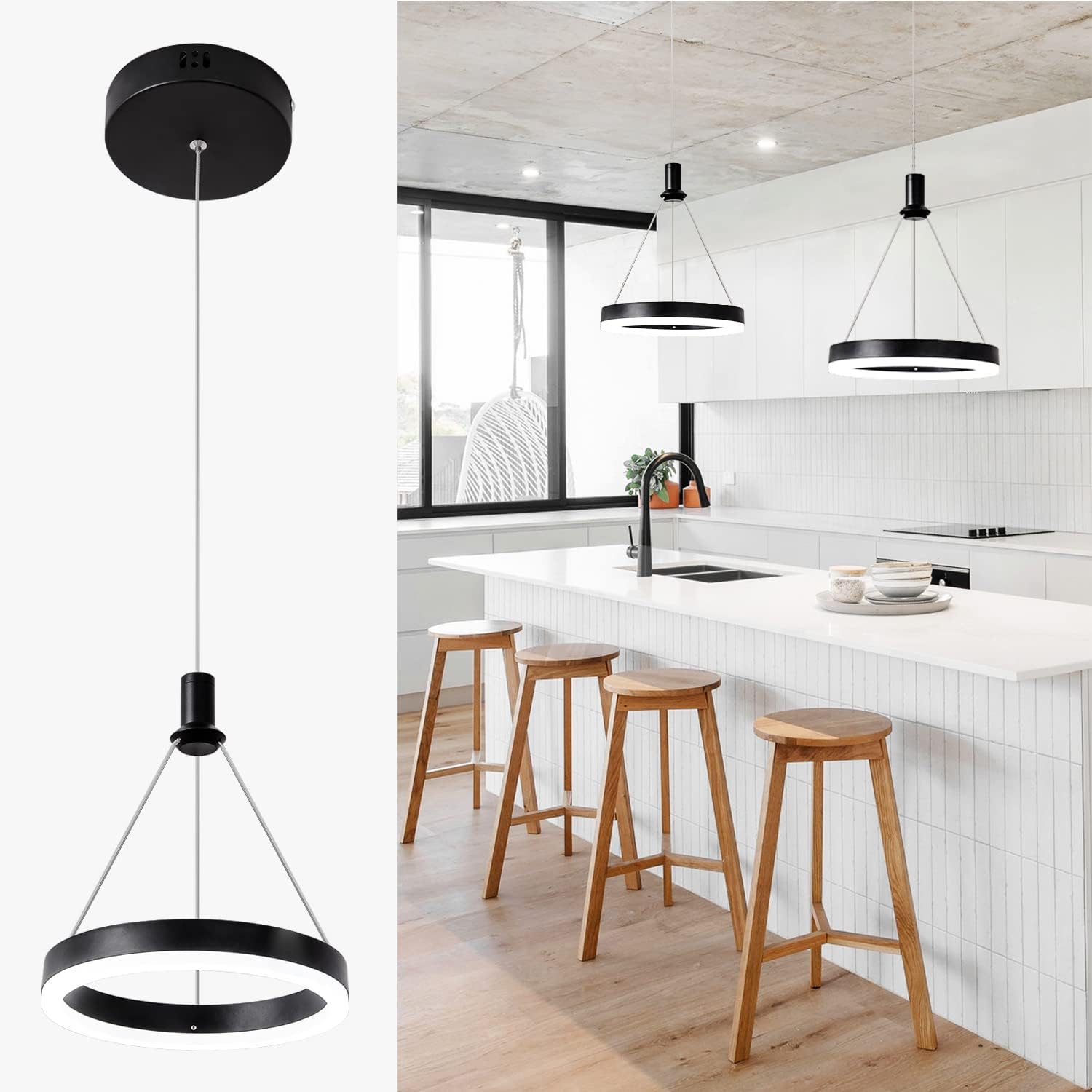 Dimmable LED Pendant Lights Fixtures,Kitchen Island Black Modern Chandelier 59in Cord Adjustable Height 1-Ring for Dining Room Bedroom Foyer Hallway Bar,15W 6000K Cool White