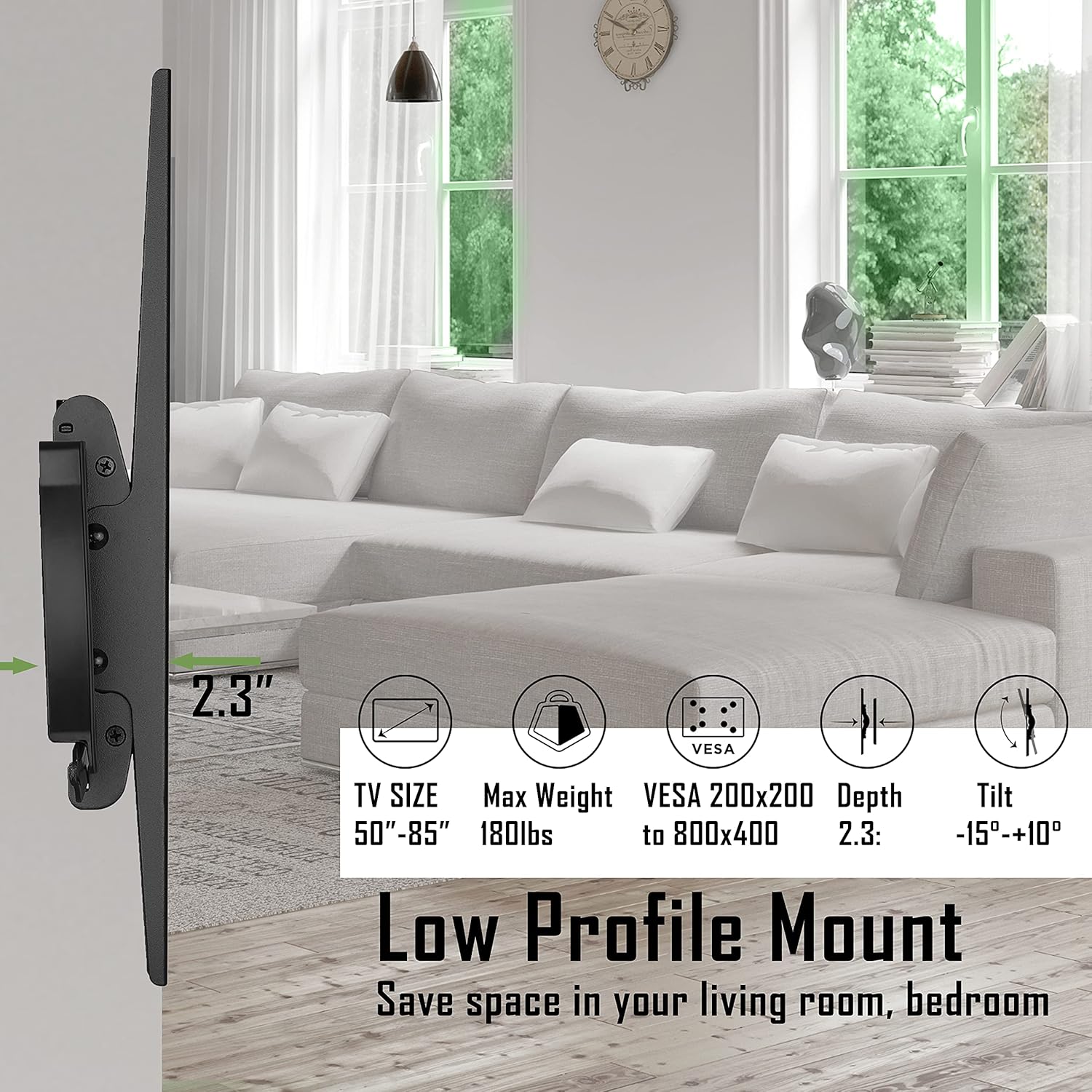 Promounts Tilt TV Wall Mount for Most 50-85 Inches TVs Flat Curved Display, Premium Steel Bracket Holds 180lbs, Ultra Slim Low Profile Design, VESA Patterns 200x200 to 800x400 (AMT8401) Pack of 2