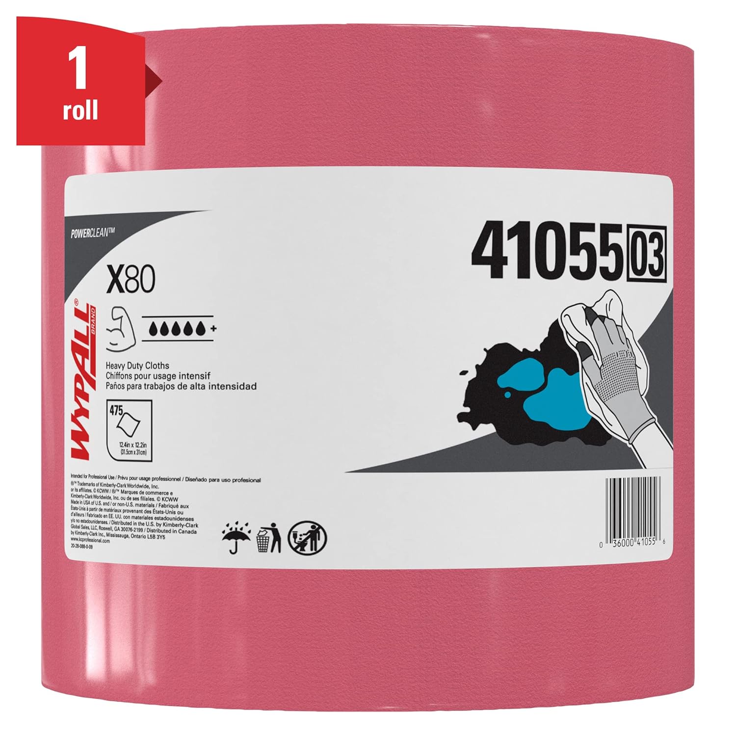 WypAll Power Clean X80 Heavy Duty Cloths (41055), Extended Use Cloths Jumbo Roll, Red, 475 Sheets / Roll; 1 Roll / Case Pack of 2