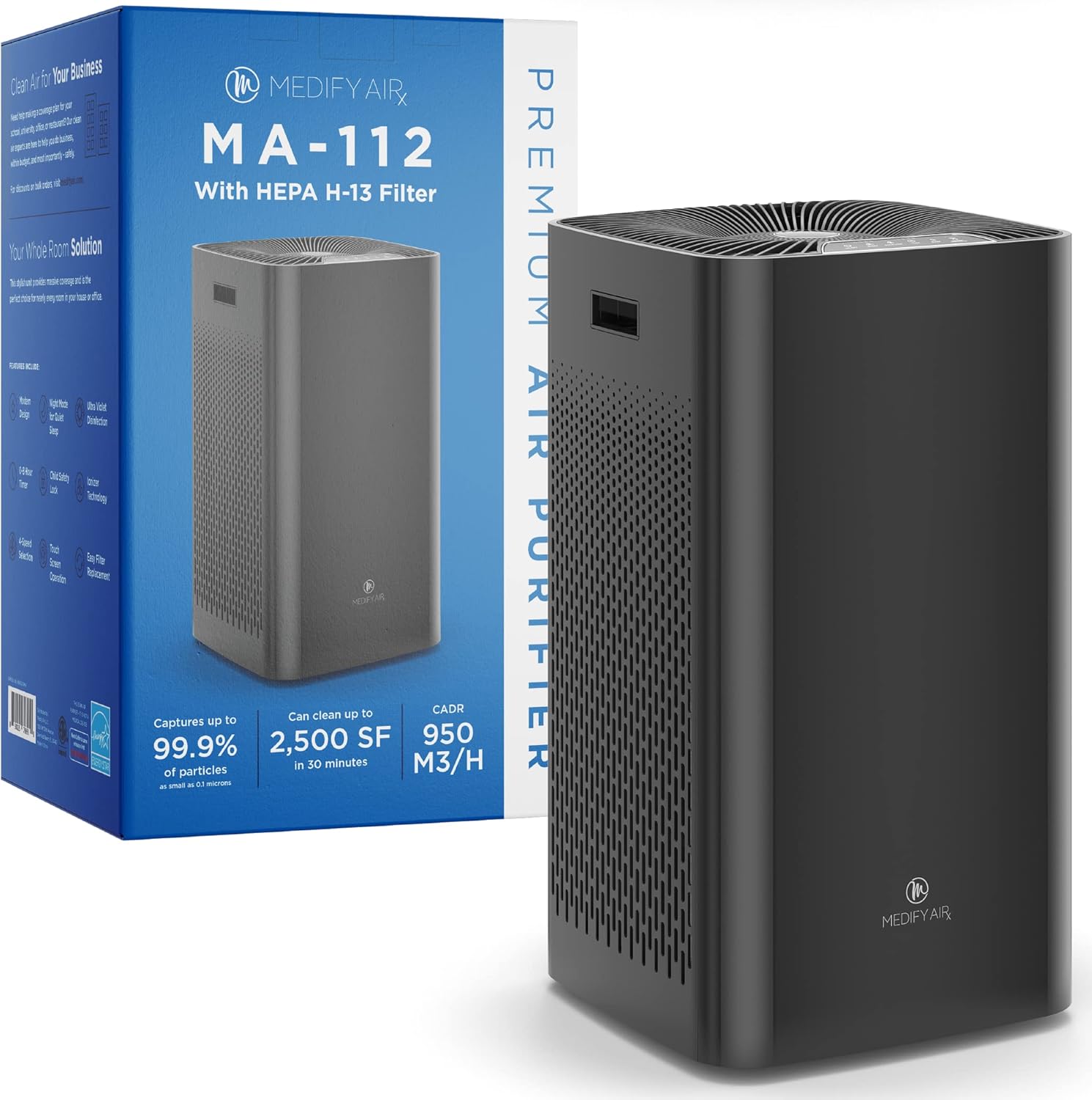 Medify MA-112 Air Purifier with H13 True HEPA Filter | 2,500 sq ft Coverage | for Smoke, Smokers, Dust, Odors, Pet Dander | Quiet 99.9% Removal to 0.1 Microns | White, 1-Pack