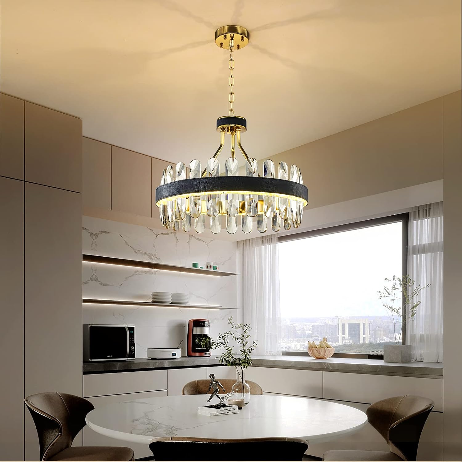 Luxury Crystal Chandelier, Elegant Black Leather Crystal Chandelier Classical Round LED Chandelier for Living Room Dining Room D19.6